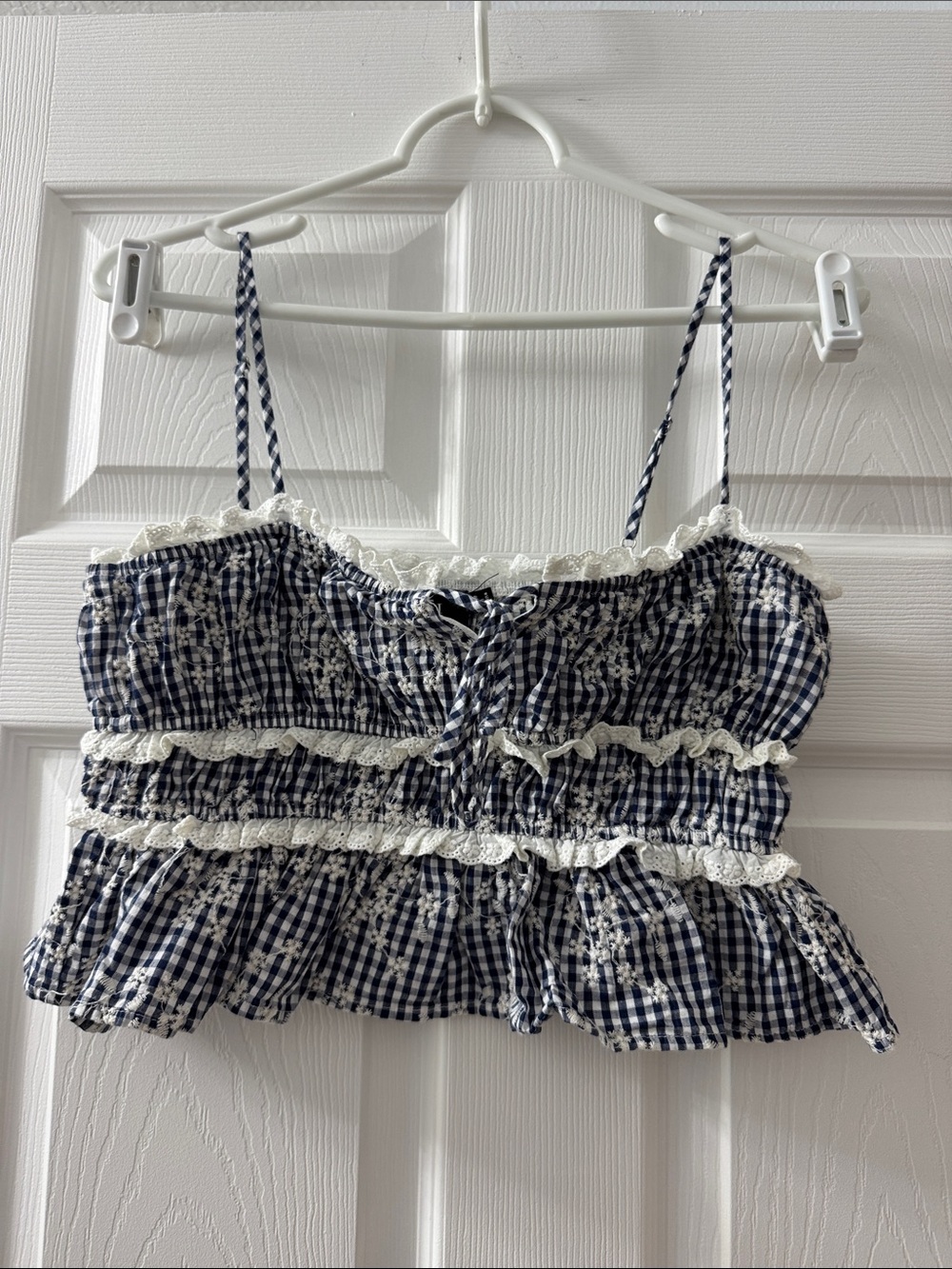 Vici Navy and White Gingham Lace-Trim Cropped Cami